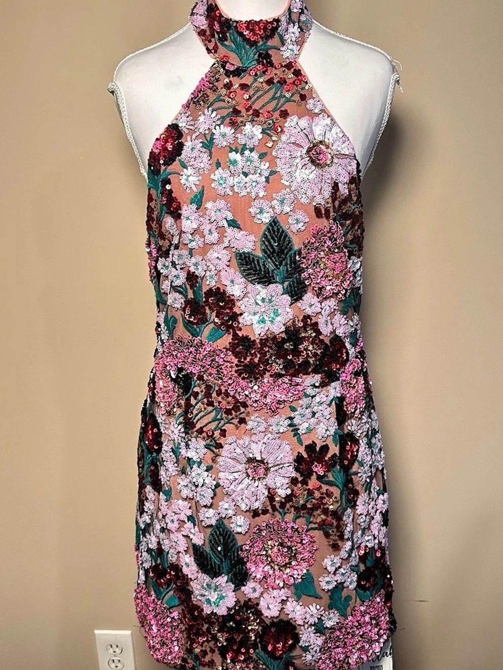 Bella Barnett Sequin Floral Halter Mini Dress